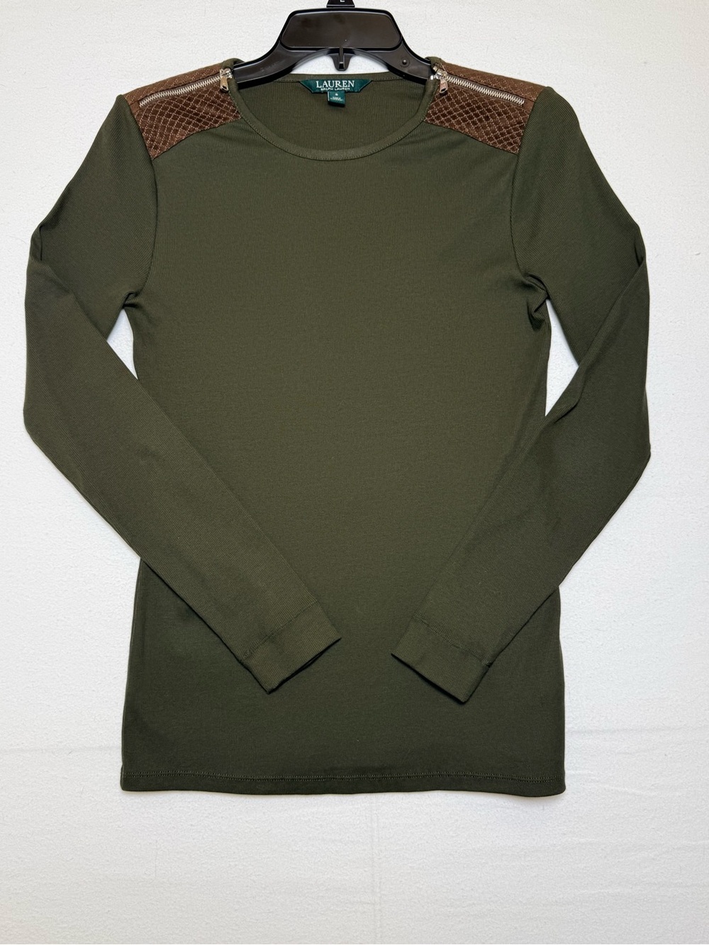 Lauren Ralph Lauren Olive Green Long Sleeve Top with Brown Suede Zip Shoulder